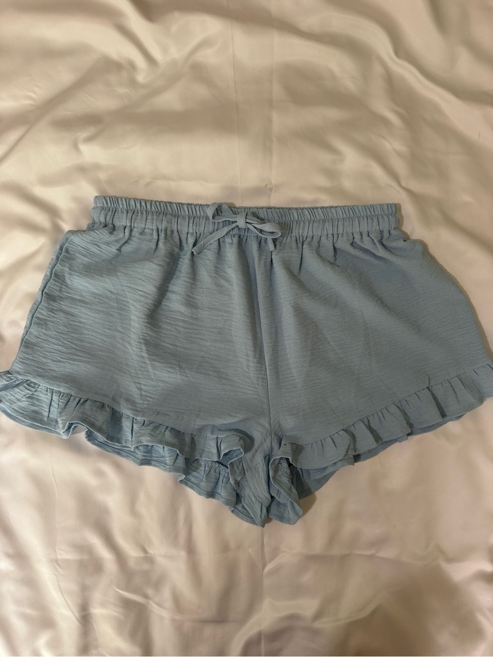 Light Blue Ruffle Hem Women's Lounge Shorts, Medium
